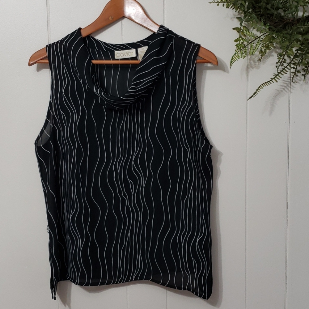 VTG Y2K Caviar Dressy Tank Womens L Black & White Wavy Patterned Cowl Neck 00s